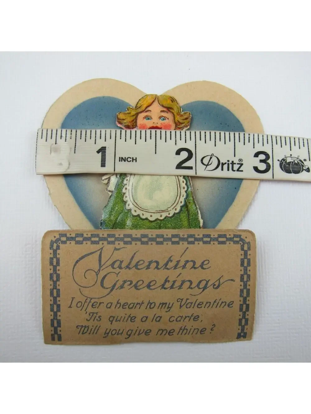 Vintage Valentine 3D Pop Up Die Cut Blonde Girl Green Dress Apron Apple UNSIGNED